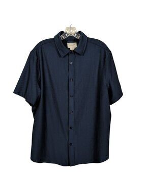 Thom Aaron Men L Navy Textured Stretch Button Front Shirt Short Sleeve Size L